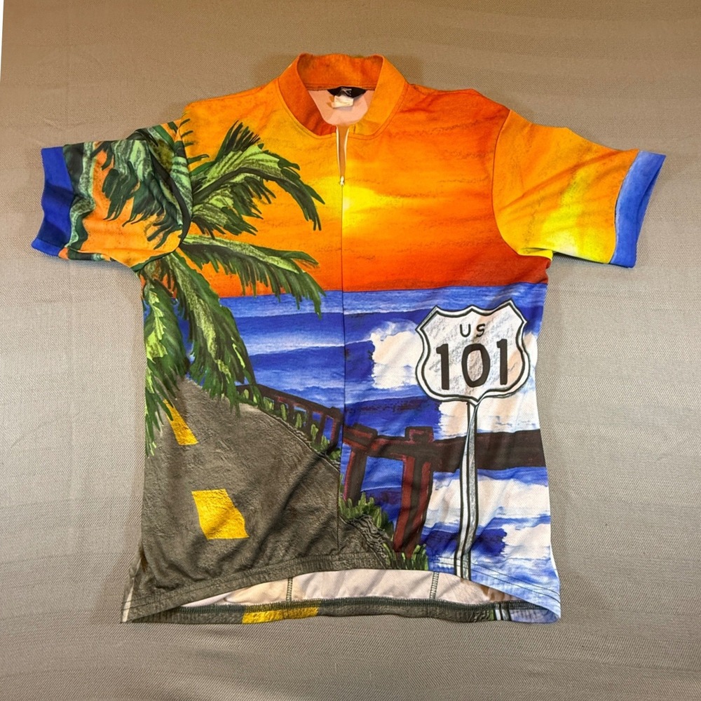 Canari Cycling Jersey US 101 Highway Sunset Palm Tree S-Sleeve Mens Large 2552